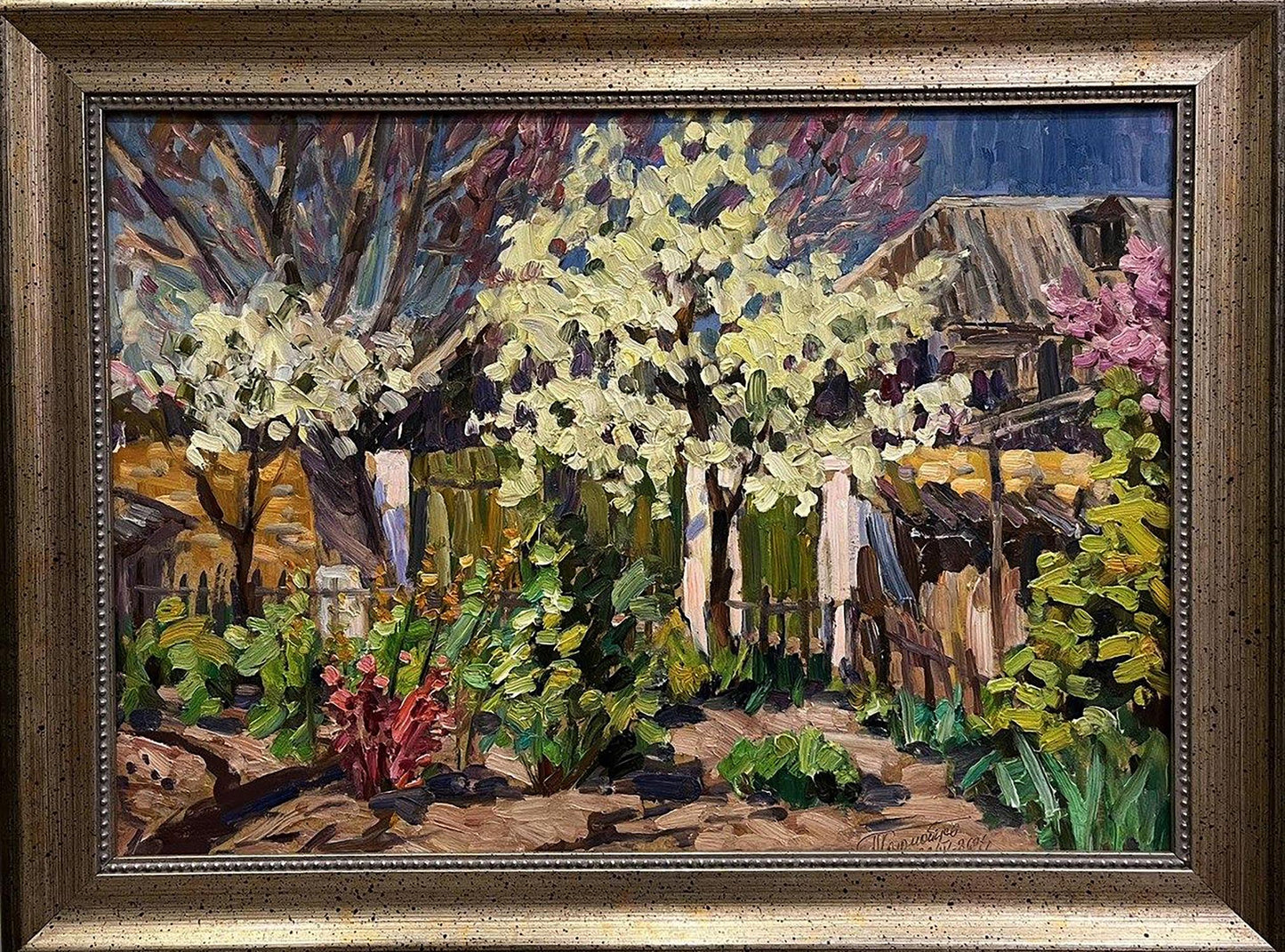 Oil painting Wild pear blossoms in the yard by Petro Kolomoytsev