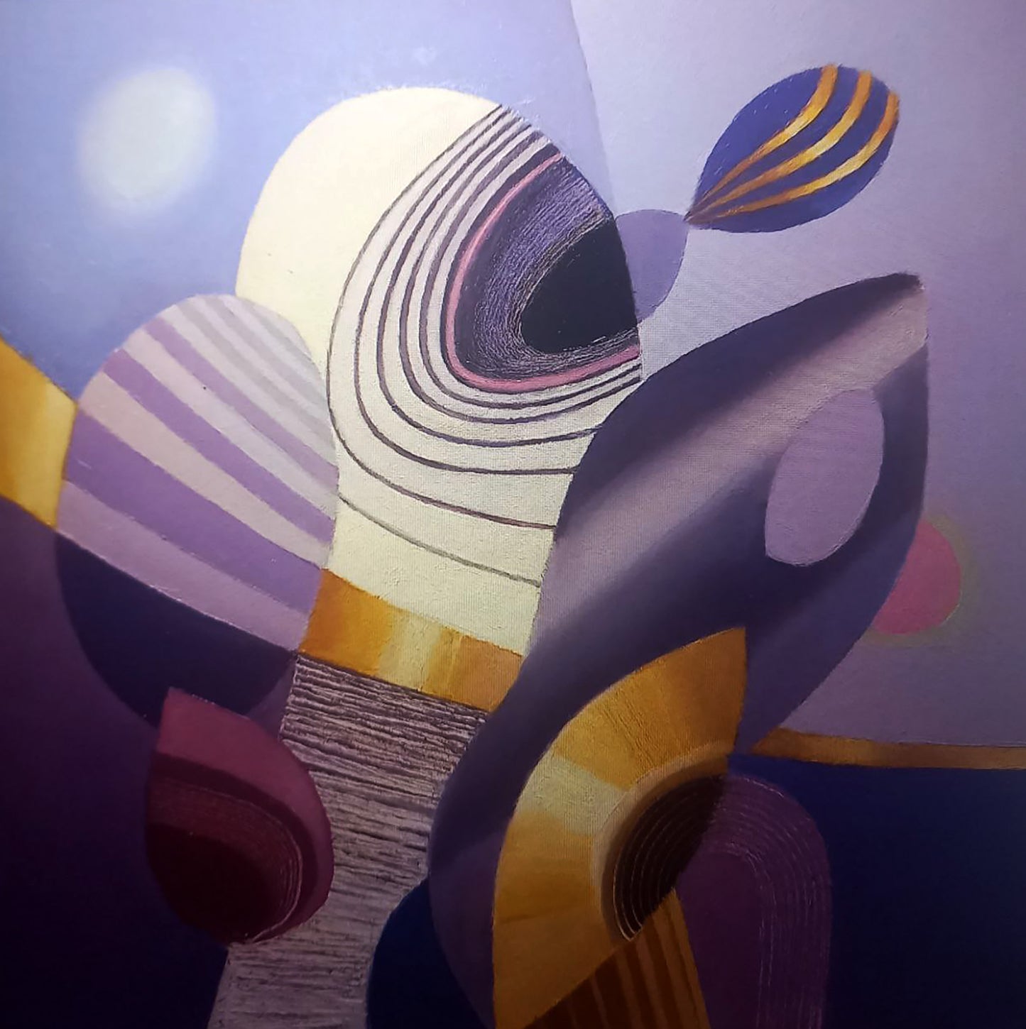 Oil painting Playing with shapes by Alexander Strashevich: abstract geometric shapes in purples, creams, golds, black outlines