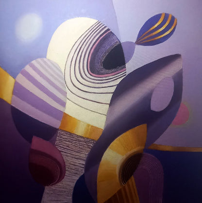 Oil painting Playing with shapes by Alexander Strashevich: abstract geometric shapes in purples, creams, golds, black outlines
