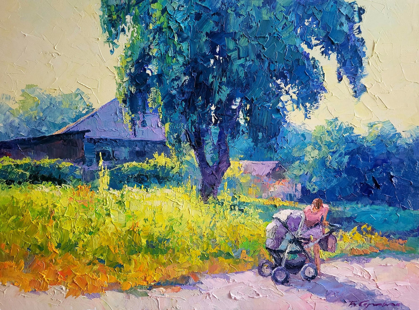 Oil painting Morning by Boris Serdyuk: woman with stroller in sunlit field