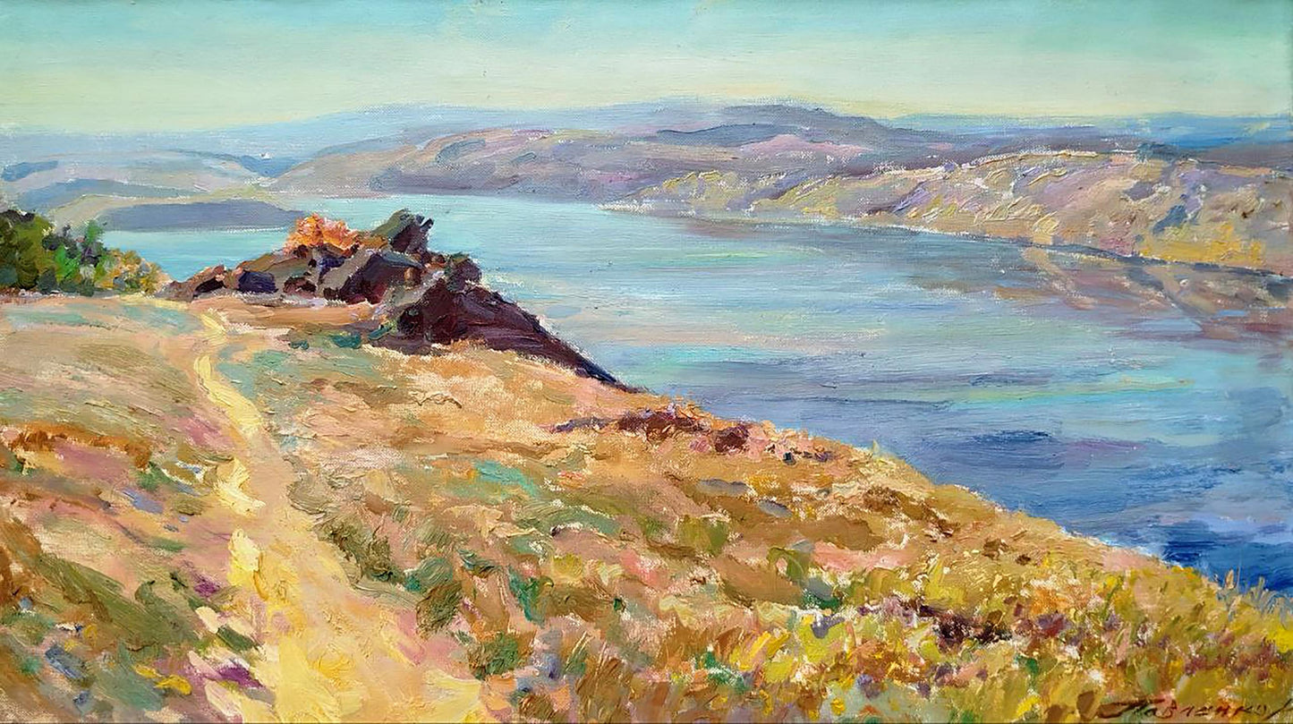 Serene oil painting Blue River by Leonid Pavlenko with path to cliffs