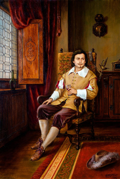 Oil painting In anticipation by Valeriy Bulat: man in golden-brown doublet on ornate chair