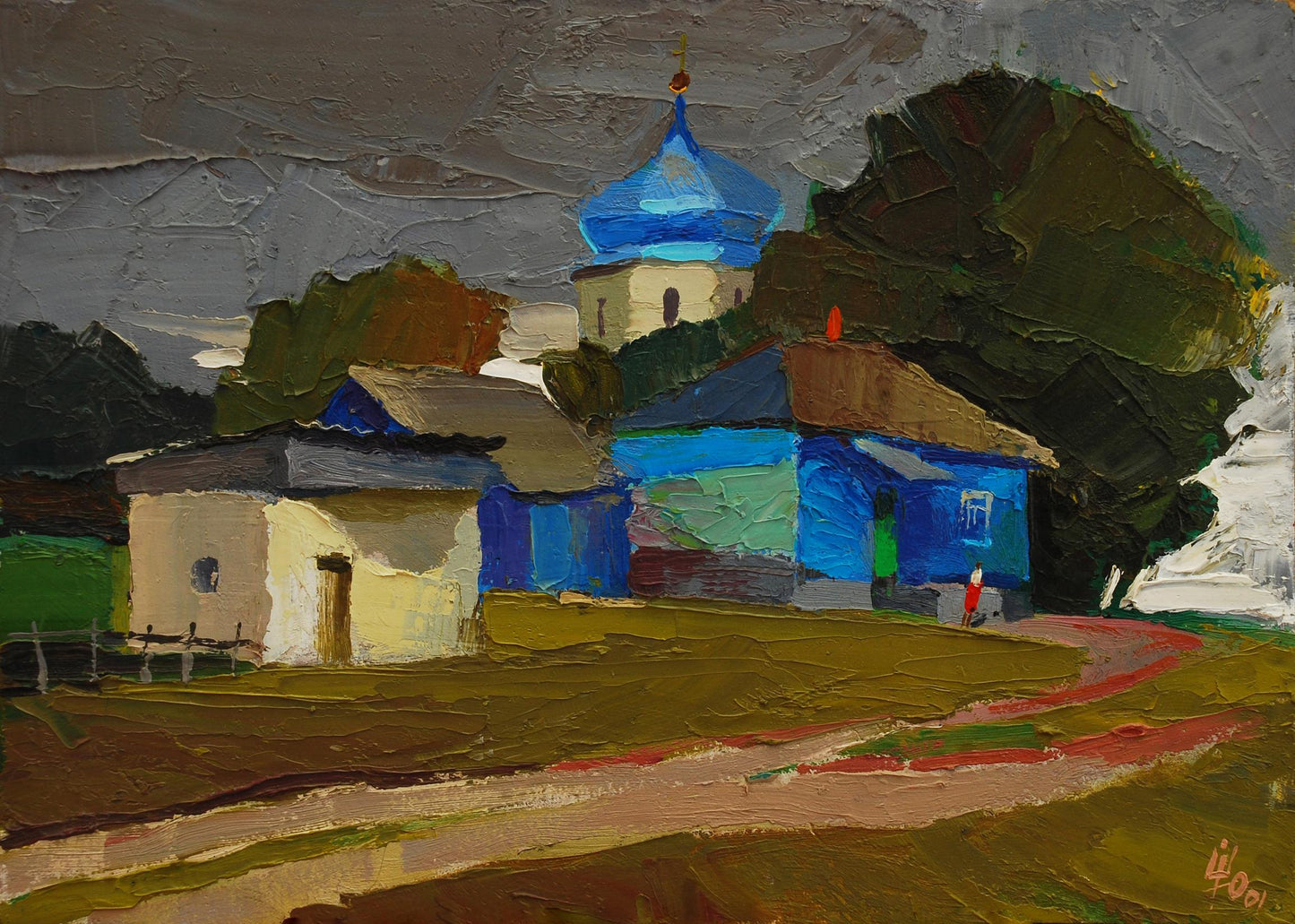 Oil painting by Egor Shvachunov: blue-domed church under gloomy gray sky