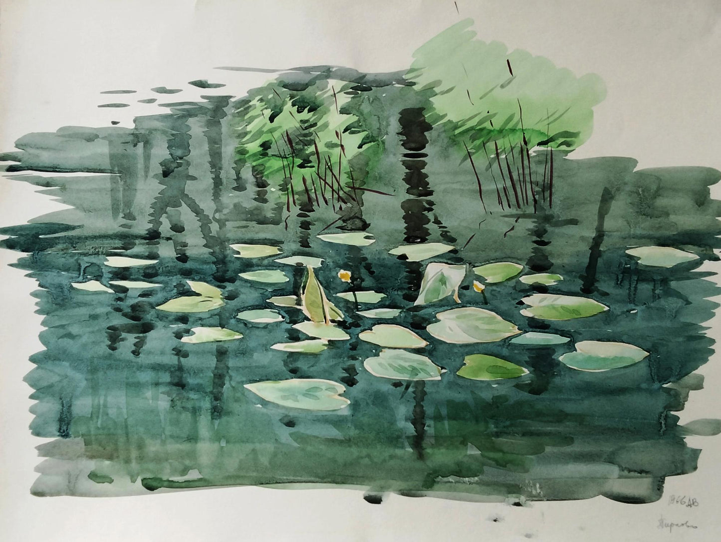 Watercolor painting of tranquil pond with lily pads by Vitaly Duhnevich