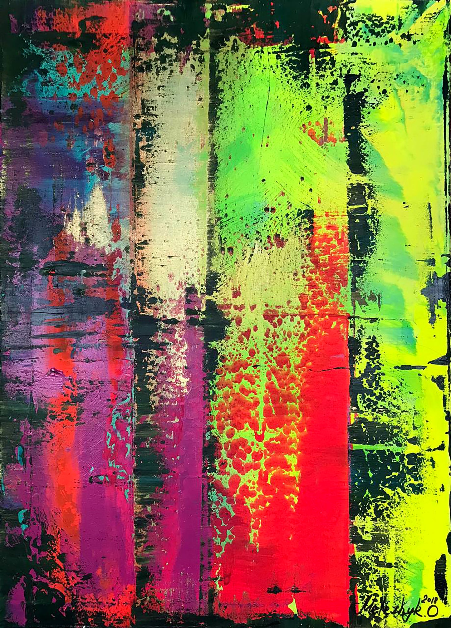 Vibrant Meeting abstract painting with neon green, red, purple stripes