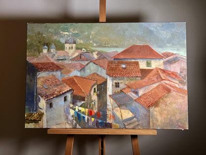 Oil painting Streets of the town by Tatyana Derdey quaint terracotta rooftops