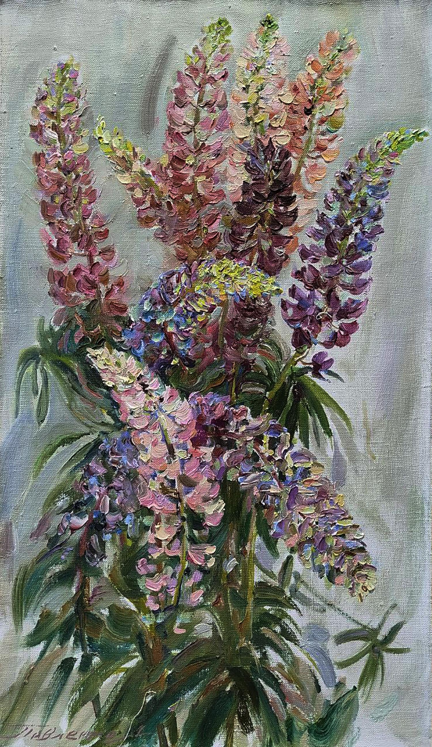 Vibrant oil painting of pink purple lavender lupines by Leonid Pavlenko