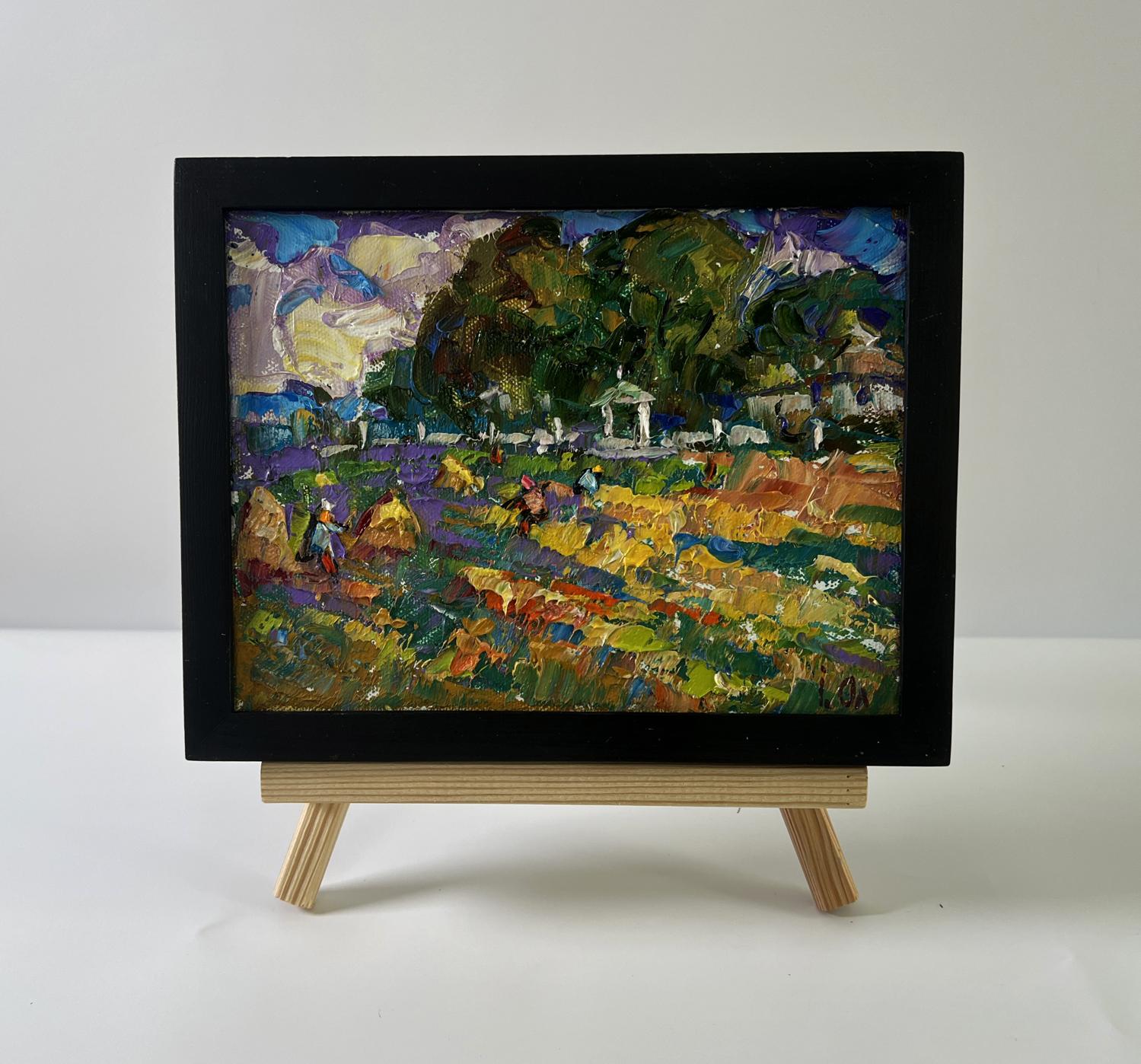 Oil painting Plowing a summer field by Oleksiy Ivanyuk in black frame