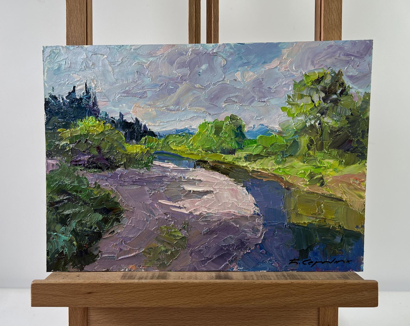 Textured impressionist oil painting by Boris Serdyuk: winding river, lush greenery, sand underfoot, dramatic clouds on canvas
