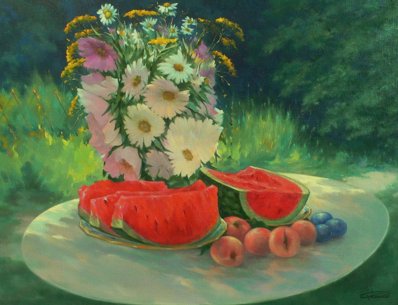Oil painting of vibrant pink white yellow daisies by Vasily Korkishko