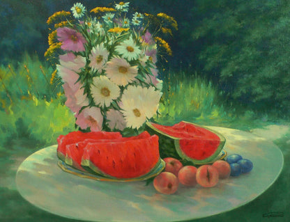 Oil painting of vibrant pink white yellow daisies by Vasily Korkishko