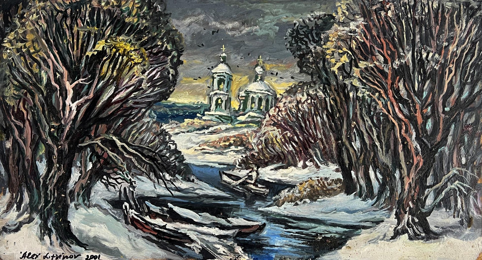 Oil painting by Alexander Litvinov: Snowy trees frame distant church