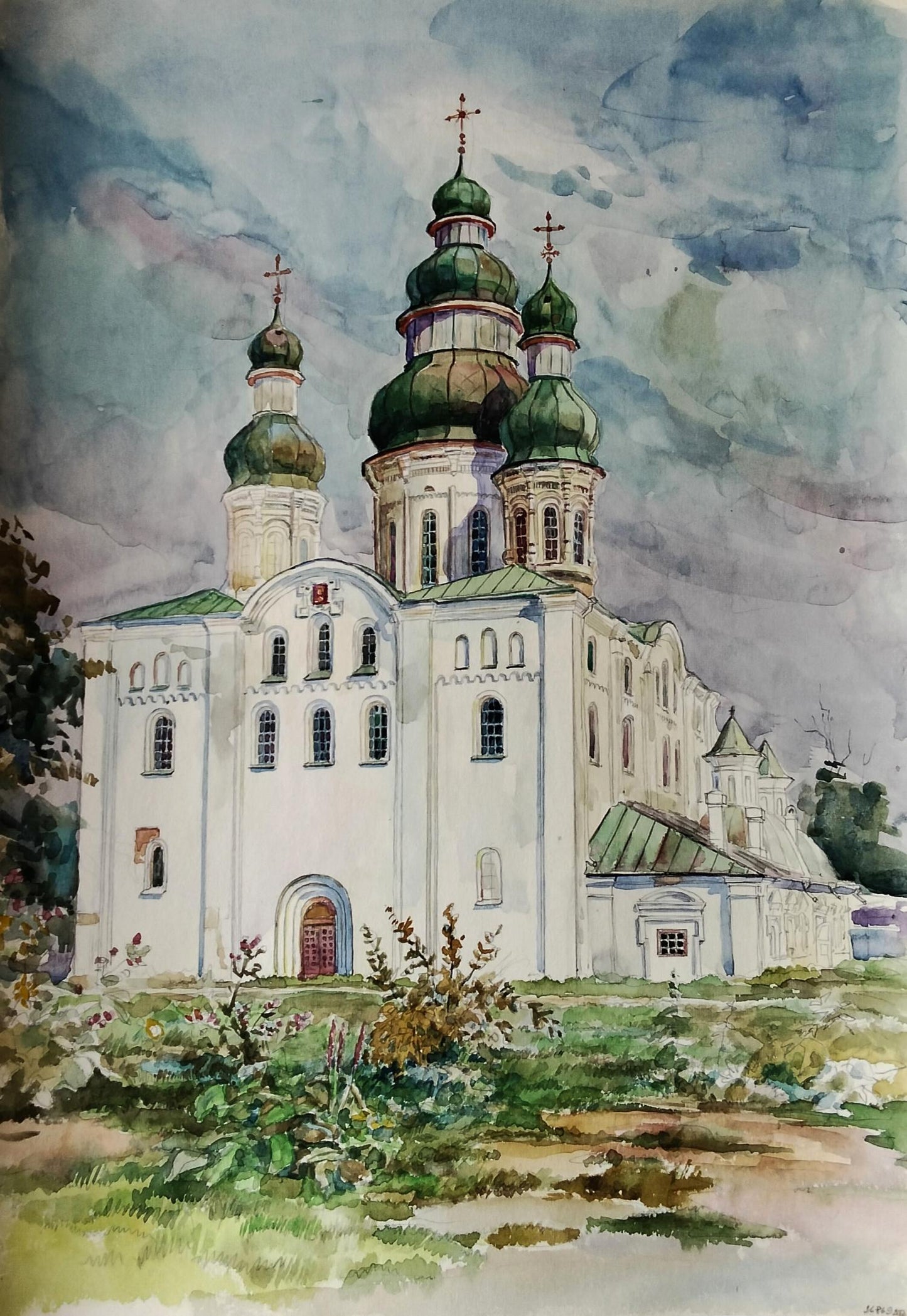 Watercolor painting of white stone church with green onion domes by Vitaly Duhnevich