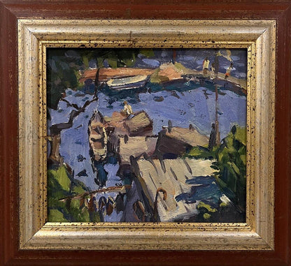 Rustic gold frame with Oleksandr Andreev City pier lakeside oil painting