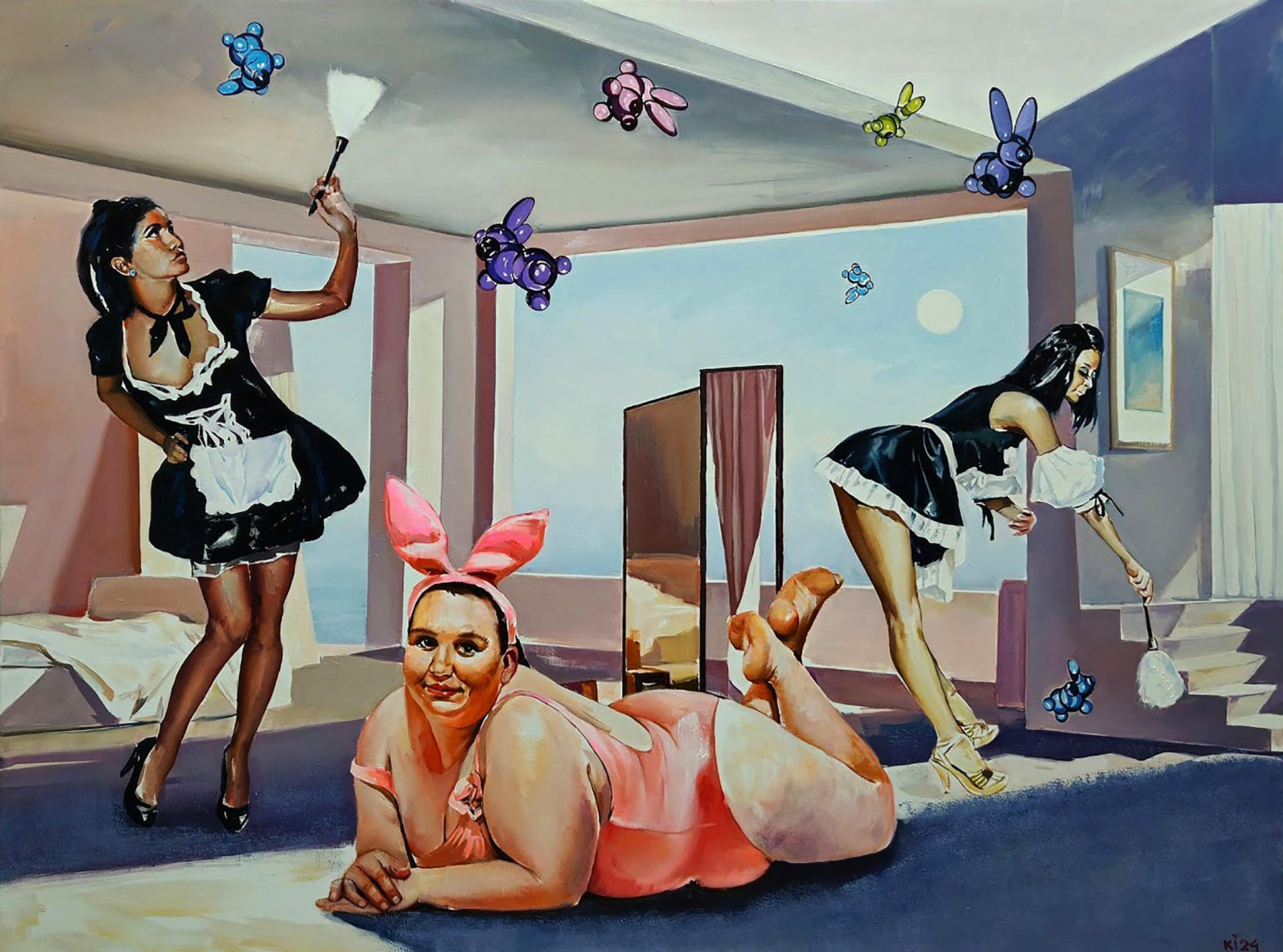 Oil painting by Igor Konovalov: maid in black white outfit pink bunny ears on floor
