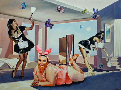 Oil painting by Igor Konovalov: maid in black white outfit pink bunny ears on floor