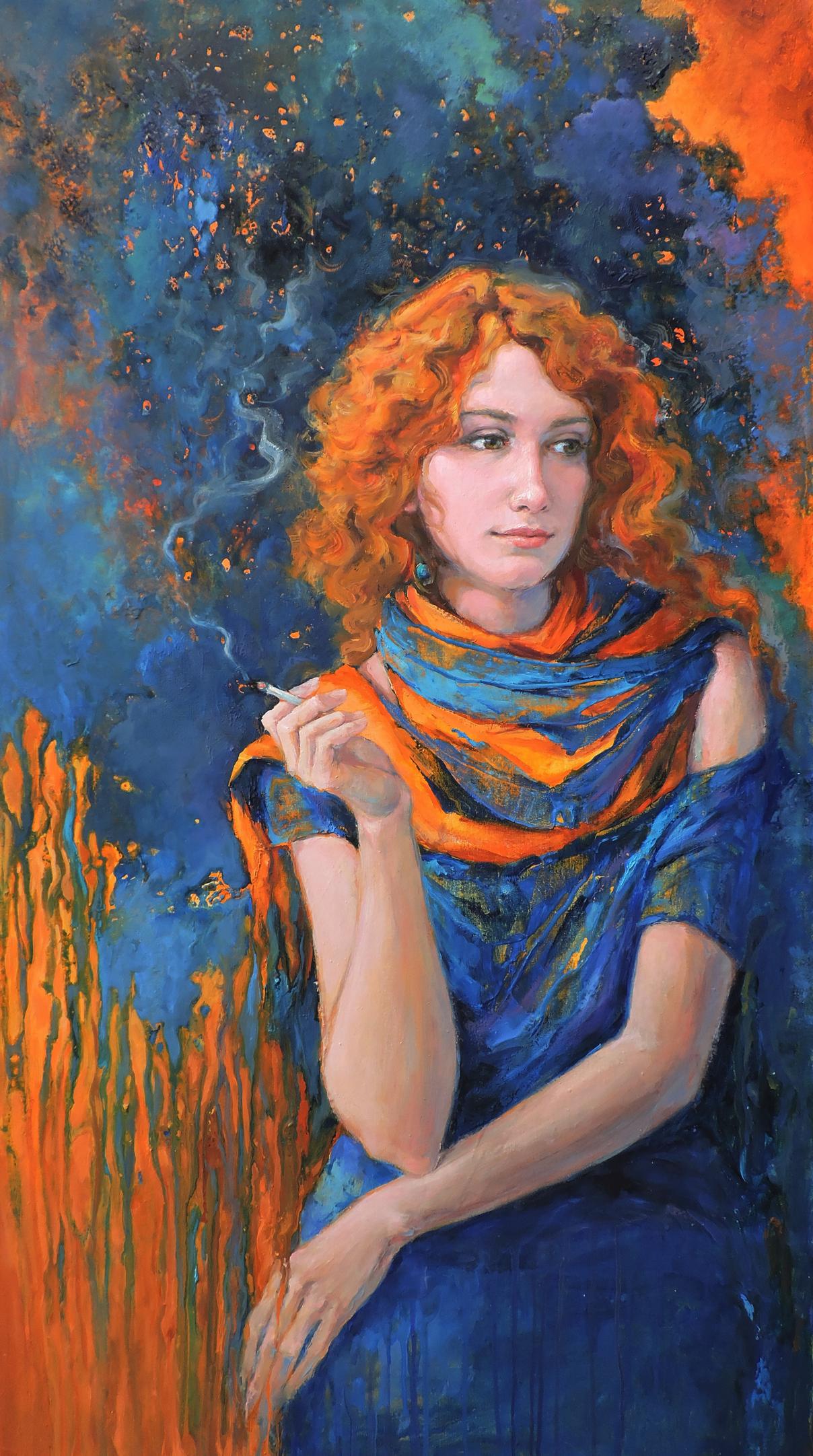 Oil painting of relaxing portrait of girl with fiery orange curls by Oksana Osnach