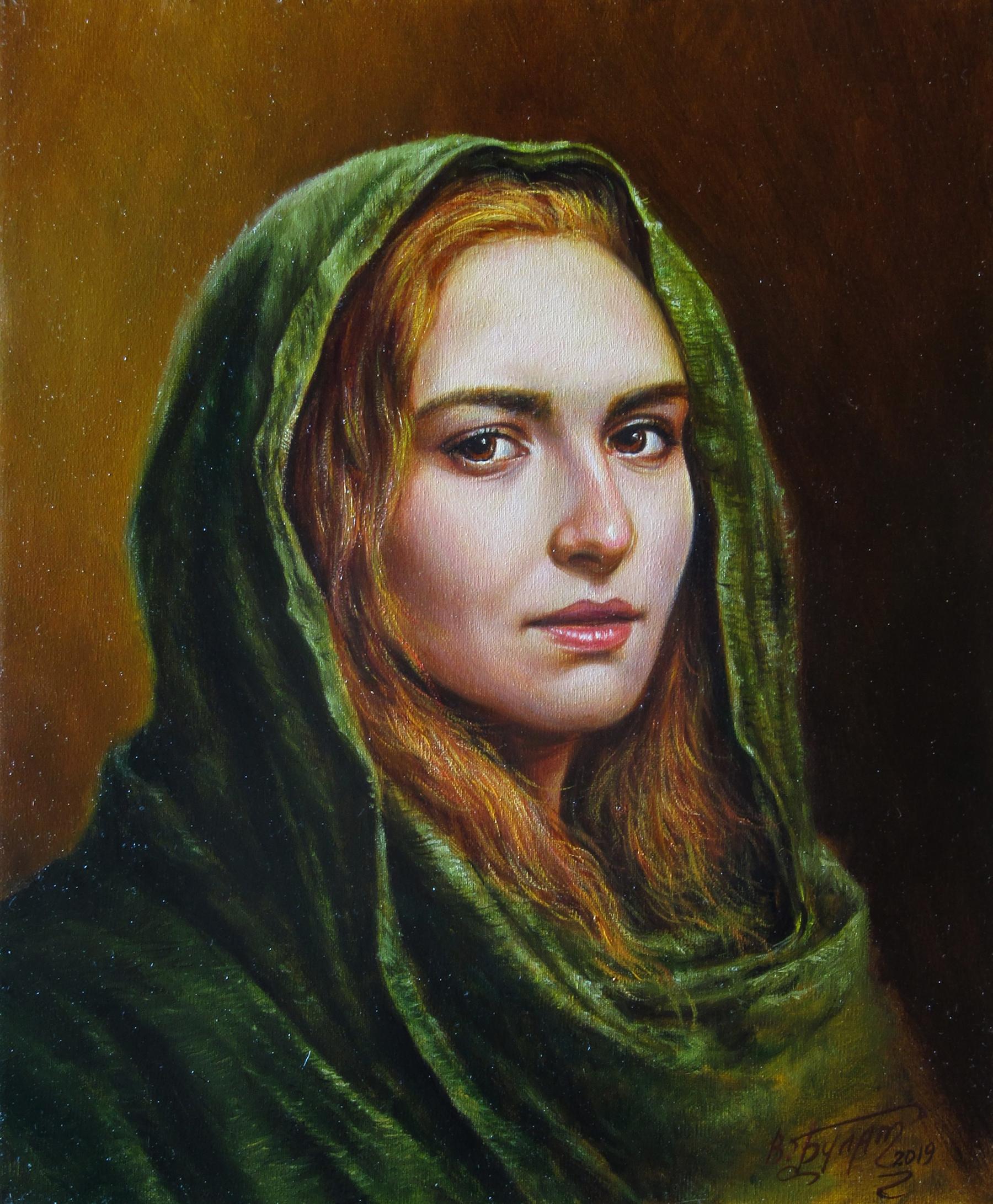 Oil painting Fox Valeriy Bulat: emerald green velvet headscarf on woman