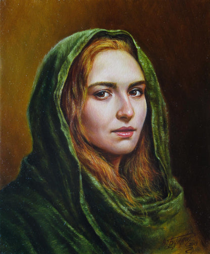 Oil painting Fox Valeriy Bulat: emerald green velvet headscarf on woman