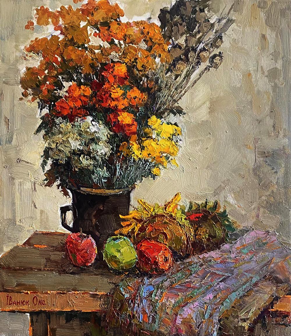 Oil painting Still life with apples by Oksana Ivanyuk vibrant bouquet vase