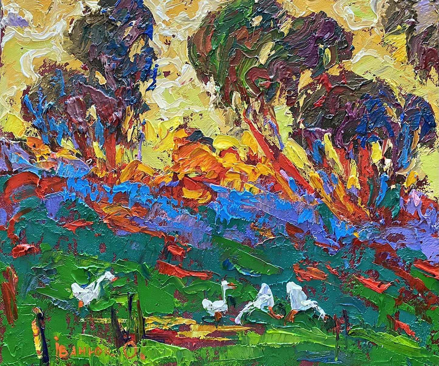 Vibrant Oleksiy Ivanyuk oil painting of green fields and colorful trees