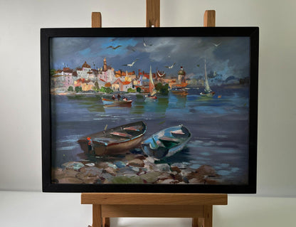 Framed oil painting of Venice coastal town with boats and seagulls by Yuriy Suprunchuk