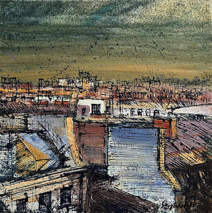 Oil painting Above the city by Serhiy Kovalev moody cityscape