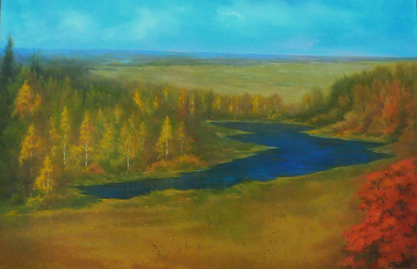 Oil painting Golden Autumn by Vasily Korkishko: serene river in fall forest