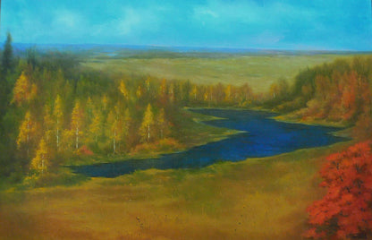 Oil painting Golden Autumn by Vasily Korkishko: serene river in fall forest