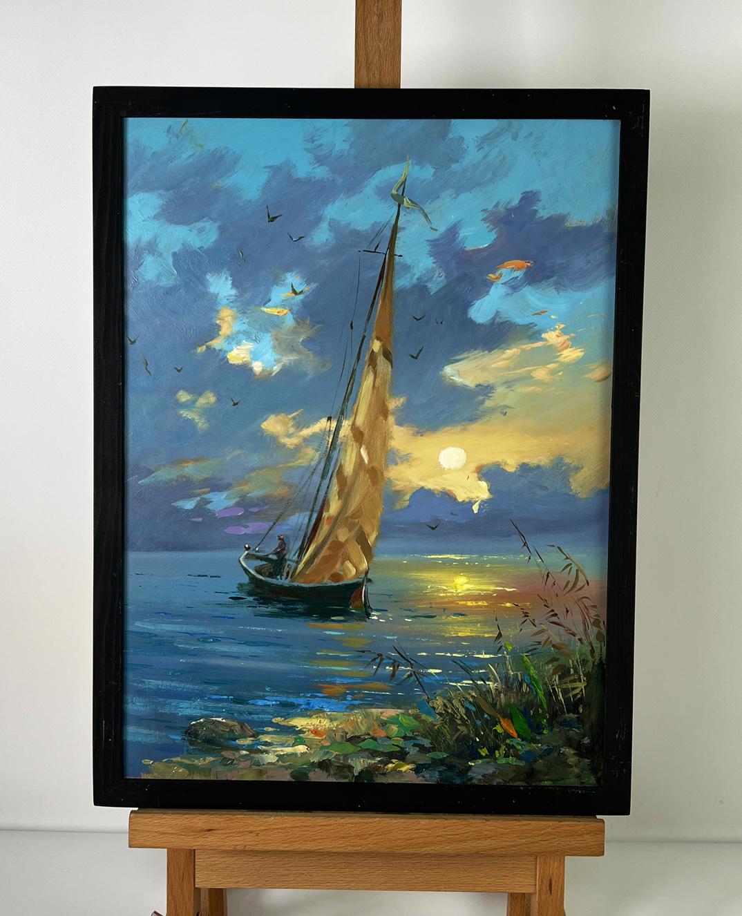 Framed oil painting of sailboat at sunset by Yuriy Suprunchuk