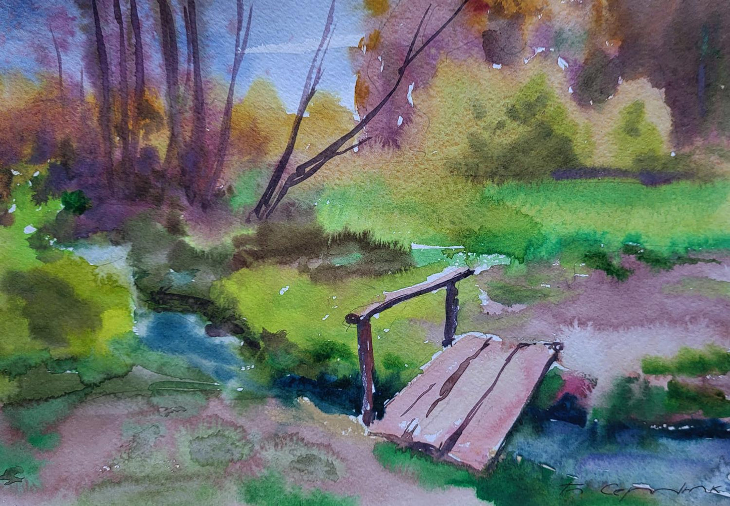Watercolor painting of rustic wooden bridge over autumn stream by Boris Serdyuk