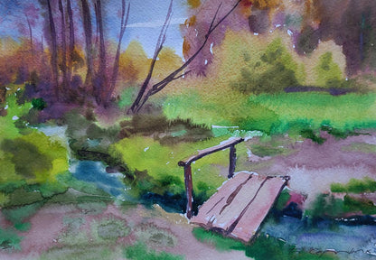 Watercolor painting of rustic wooden bridge over autumn stream by Boris Serdyuk