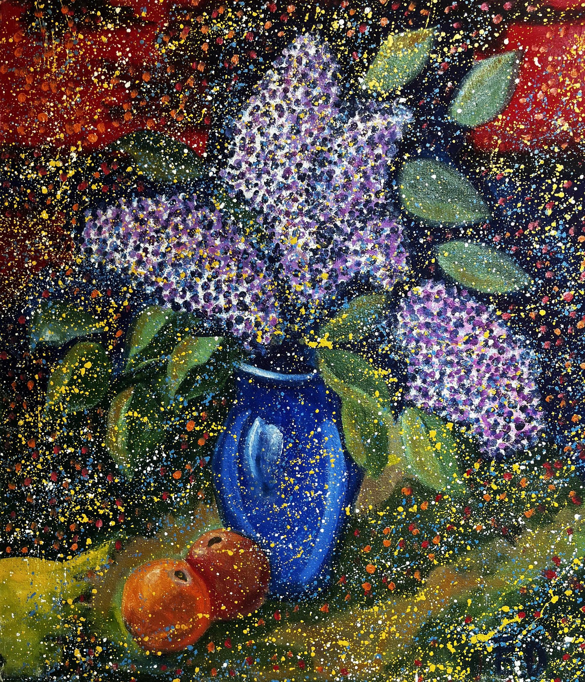 Oil painting Lilac Eric Danne: blue vase with purple lilacs and green leaves