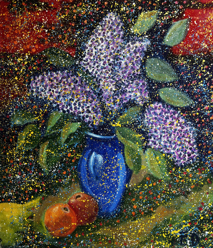 Oil painting Lilac Eric Danne: blue vase with purple lilacs and green leaves