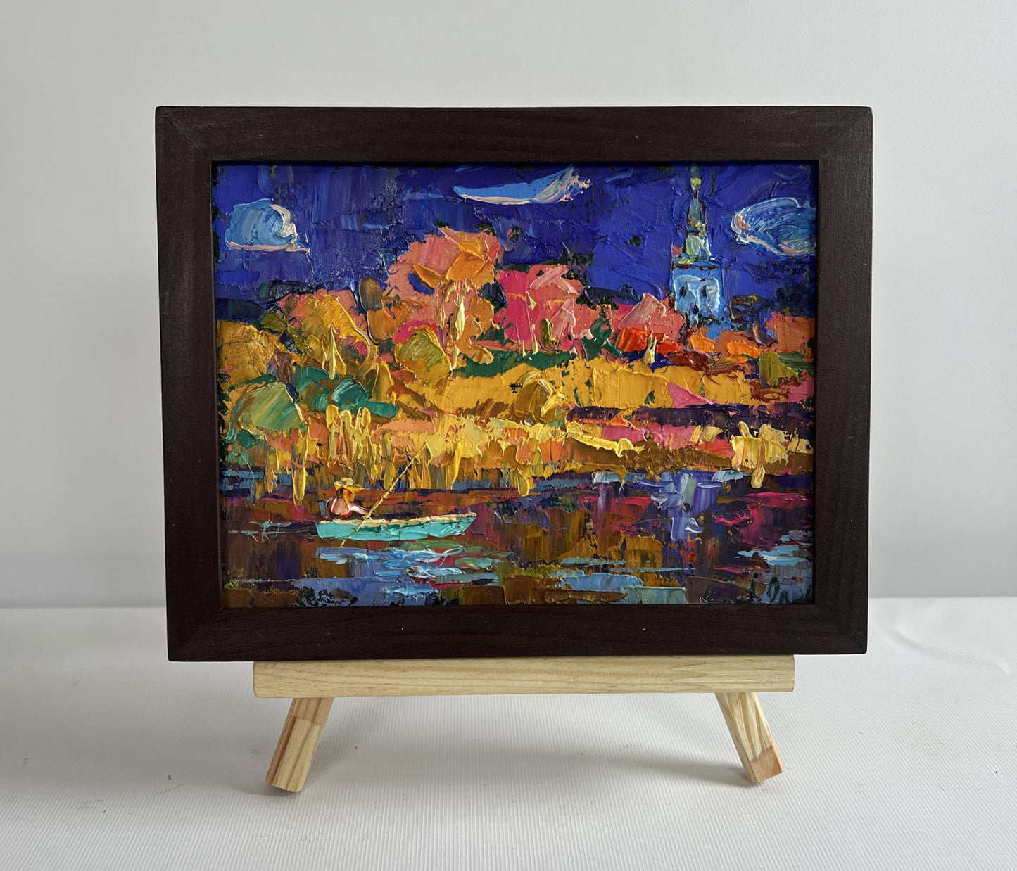Oil painting Autumn evening by the river by Oleksiy Ivanyuk in wooden frame