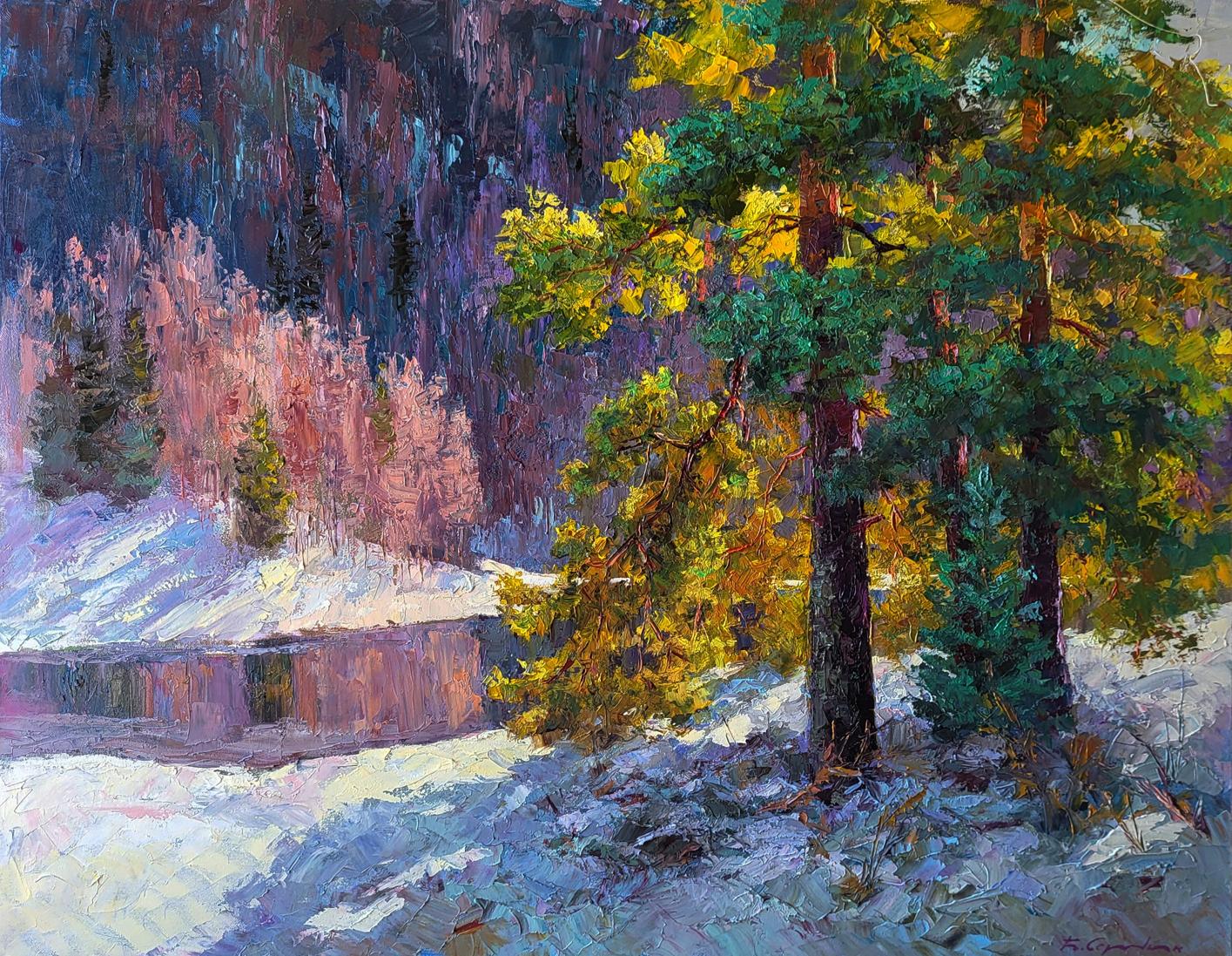 Oil painting It snowed in the mountains by Boris Serdyuk snowy forest cabin