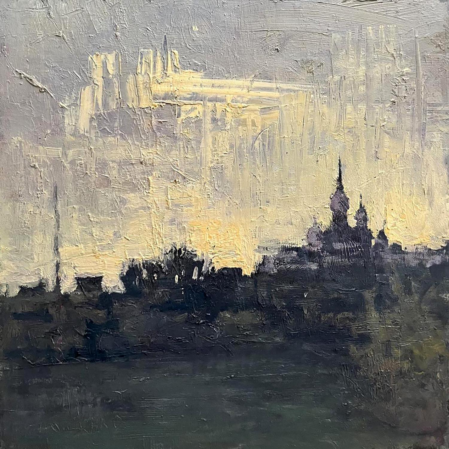 Textured oil painting of Volodymyr Pashchenko church landscape at dusk