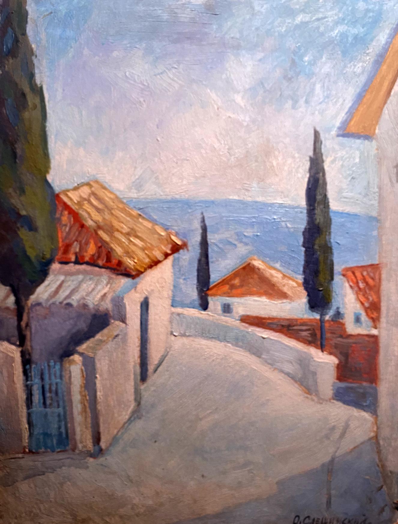 Serene coastal village oil painting with sea views, impressionistic style