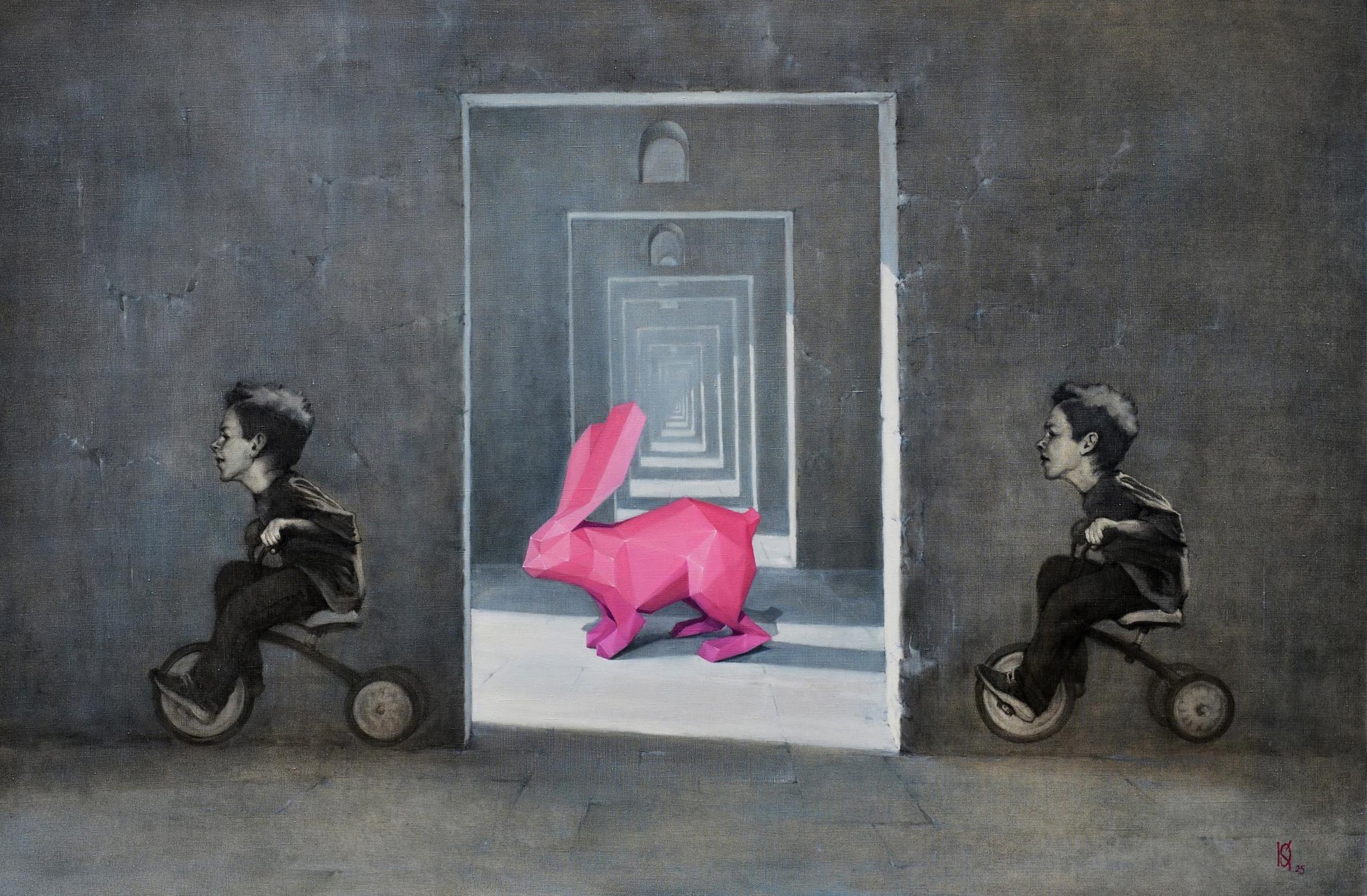 Oil painting of pink folded paper rabbit in maze doorway by Oleg Kateryniuk