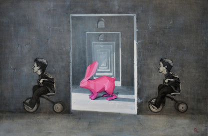 Oil painting of pink folded paper rabbit in maze doorway by Oleg Kateryniuk