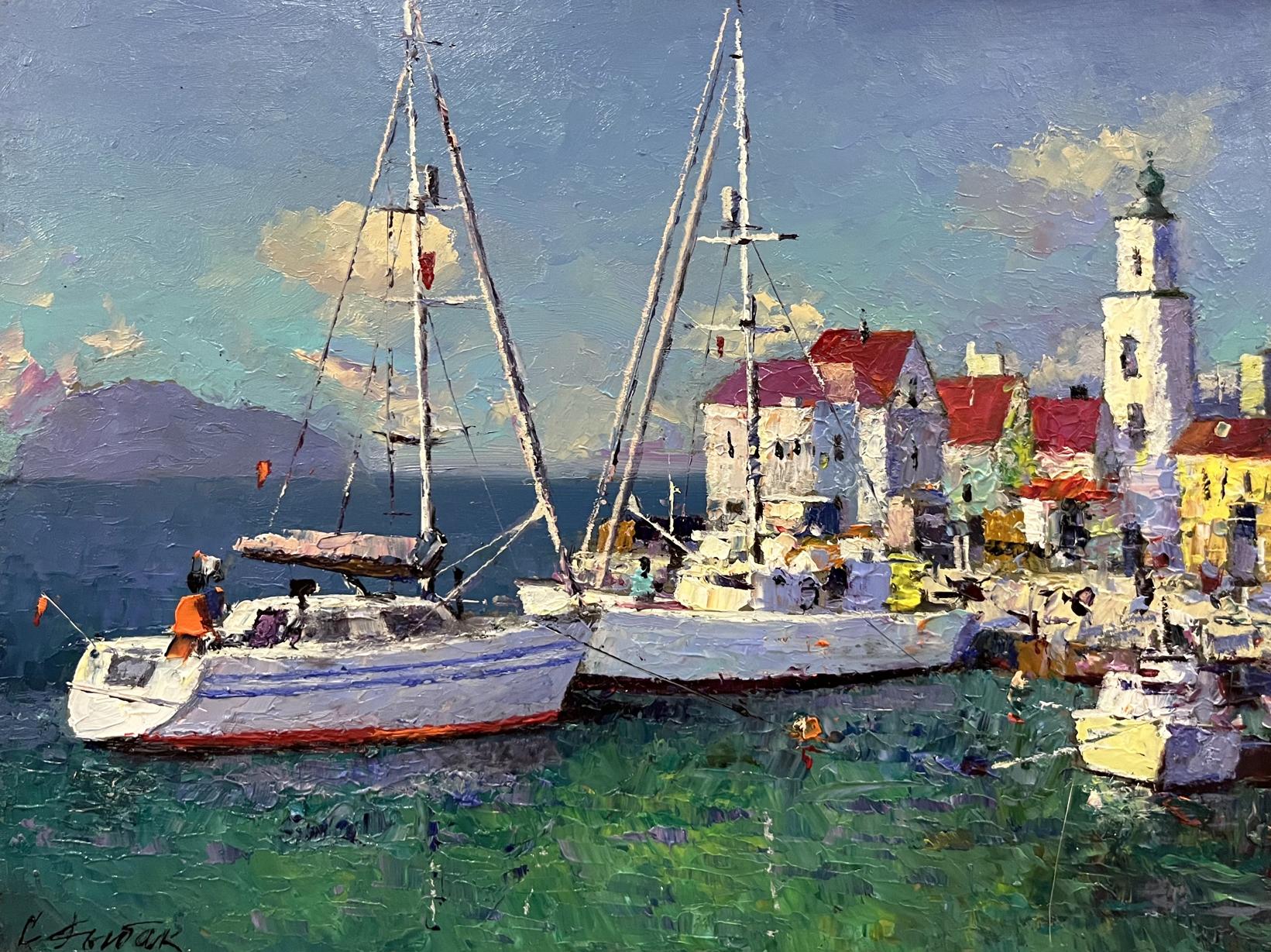 Oil painting of white sailboat with red hull docked in green water by Serhiy Rybak