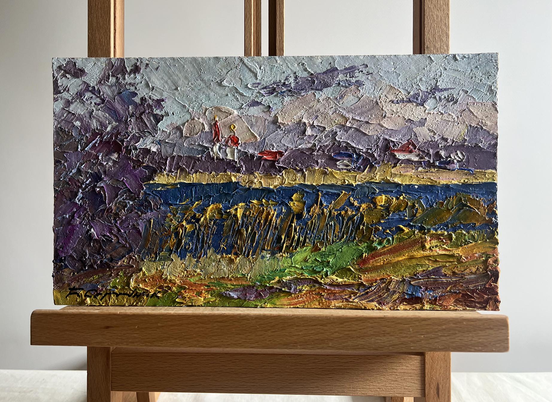 Oil painting of river and golden field by Boris Serdyuk in impasto style