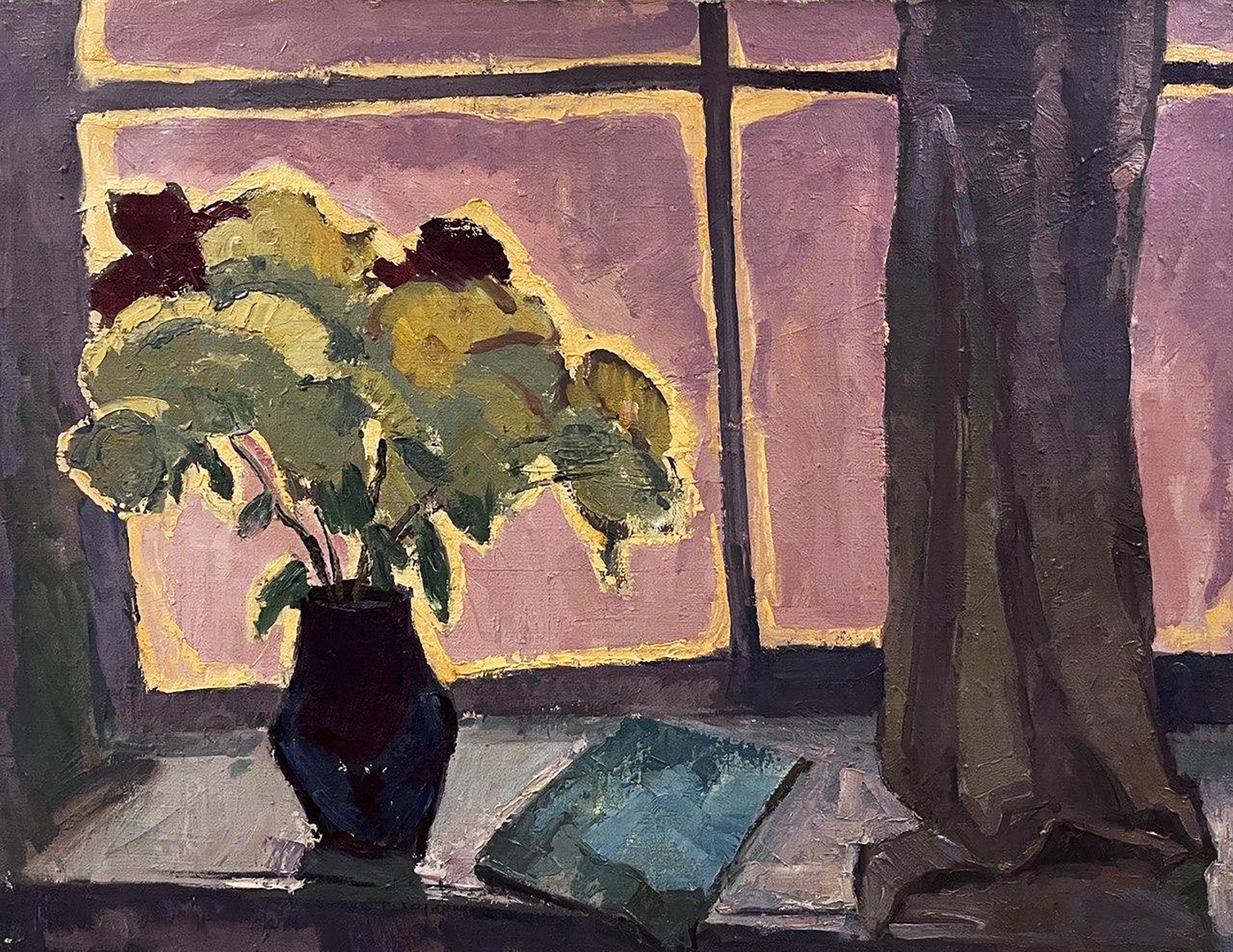 Oil painting Autumn melancholy by Oleksandr Andreev with blue vase and yellow green flowers