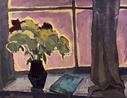 Oil painting Autumn melancholy by Oleksandr Andreev with blue vase and yellow green flowers