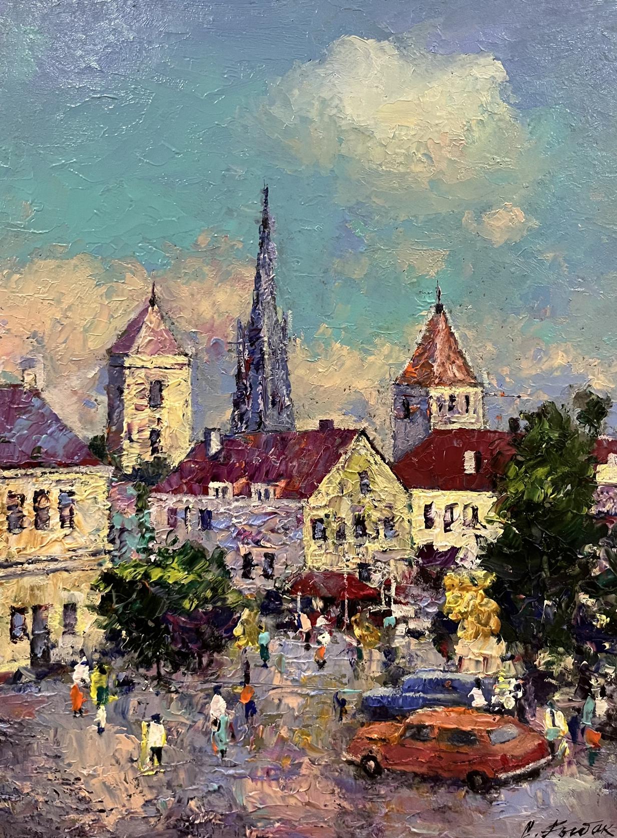 Vibrant impressionist oil painting by Serhiy Rybak of busy European town square