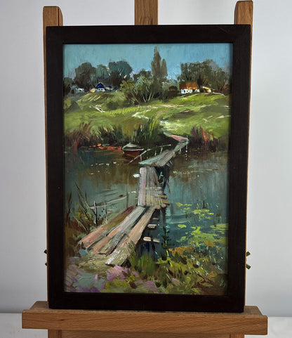 Oil painting Bridge to the village by Yuriy Suprunchuk in frame