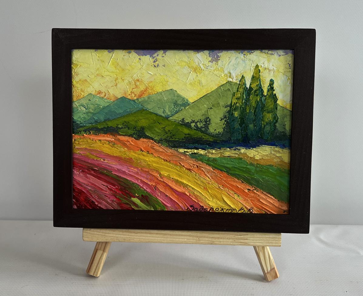 Oil painting Sunset behind forest mountains by V. Zadorozhnya in wooden frame