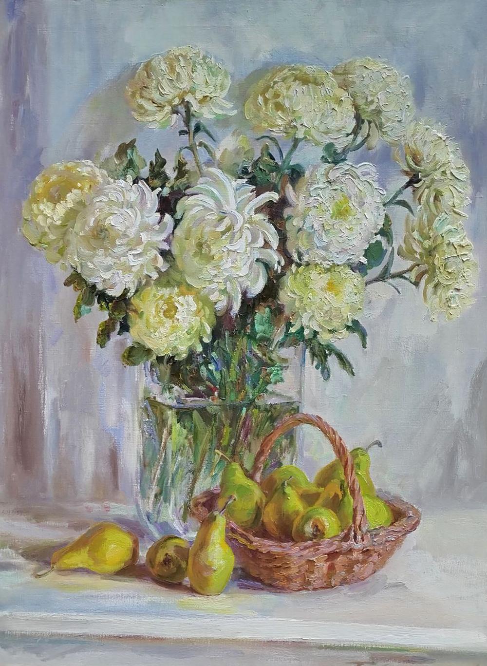Oil painting Pears with flowers by Leonid Pavlenko: white chrysanthemums bouquet