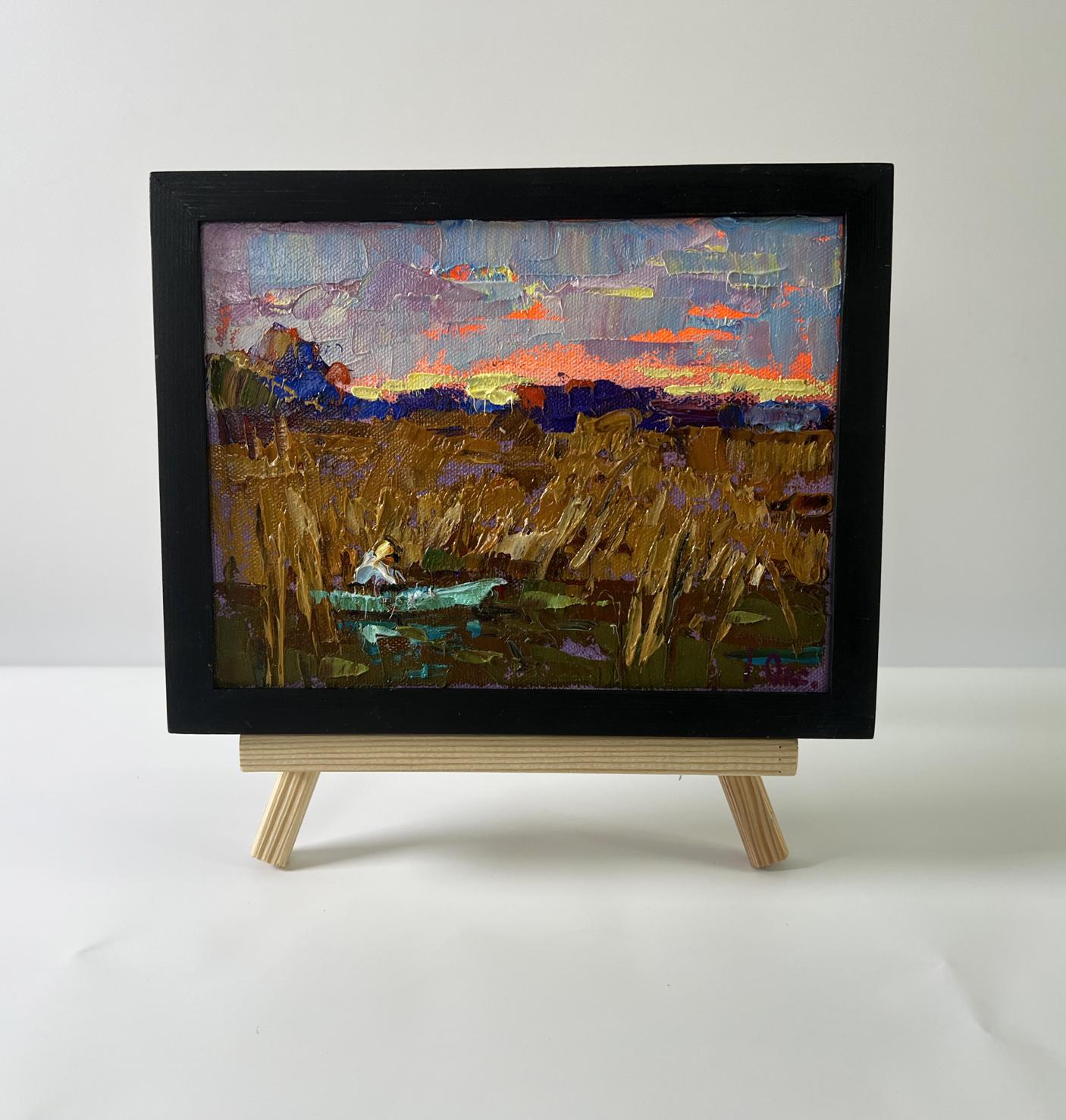 Oil painting Evening on the river by Oksana Ivanyuk, abstract sunset field