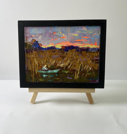 Oil painting Evening on the river by Oksana Ivanyuk, abstract sunset field